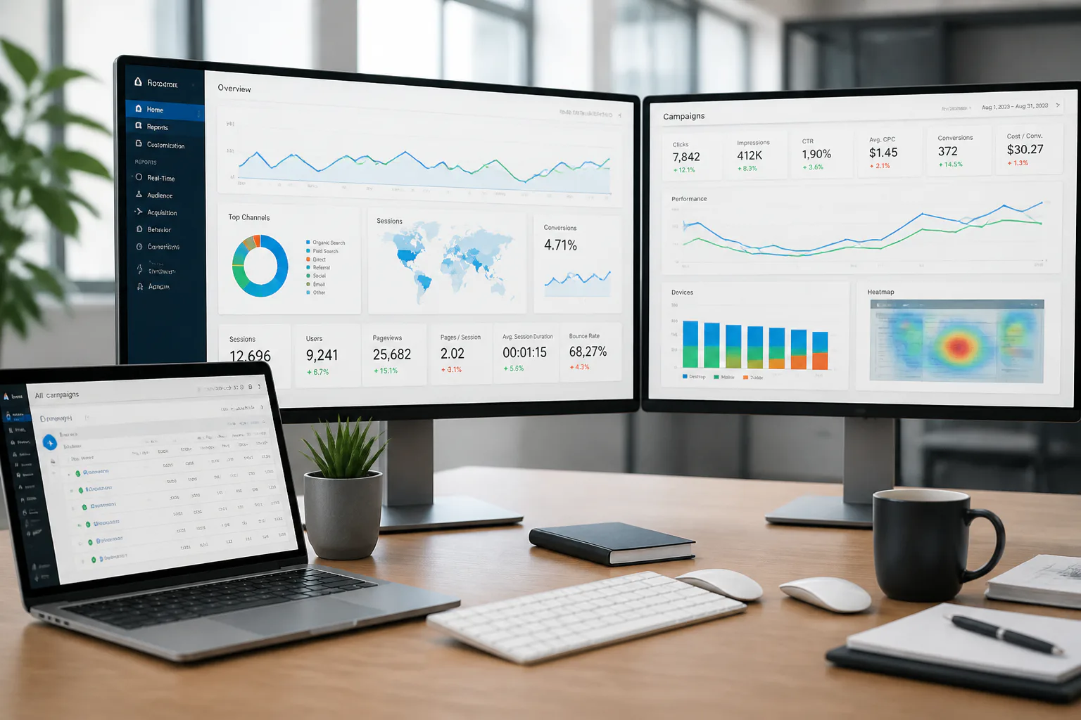 Analytics dashboard on dual monitors