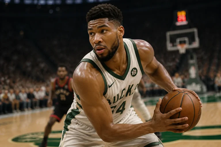 Basketball player dribbling on court