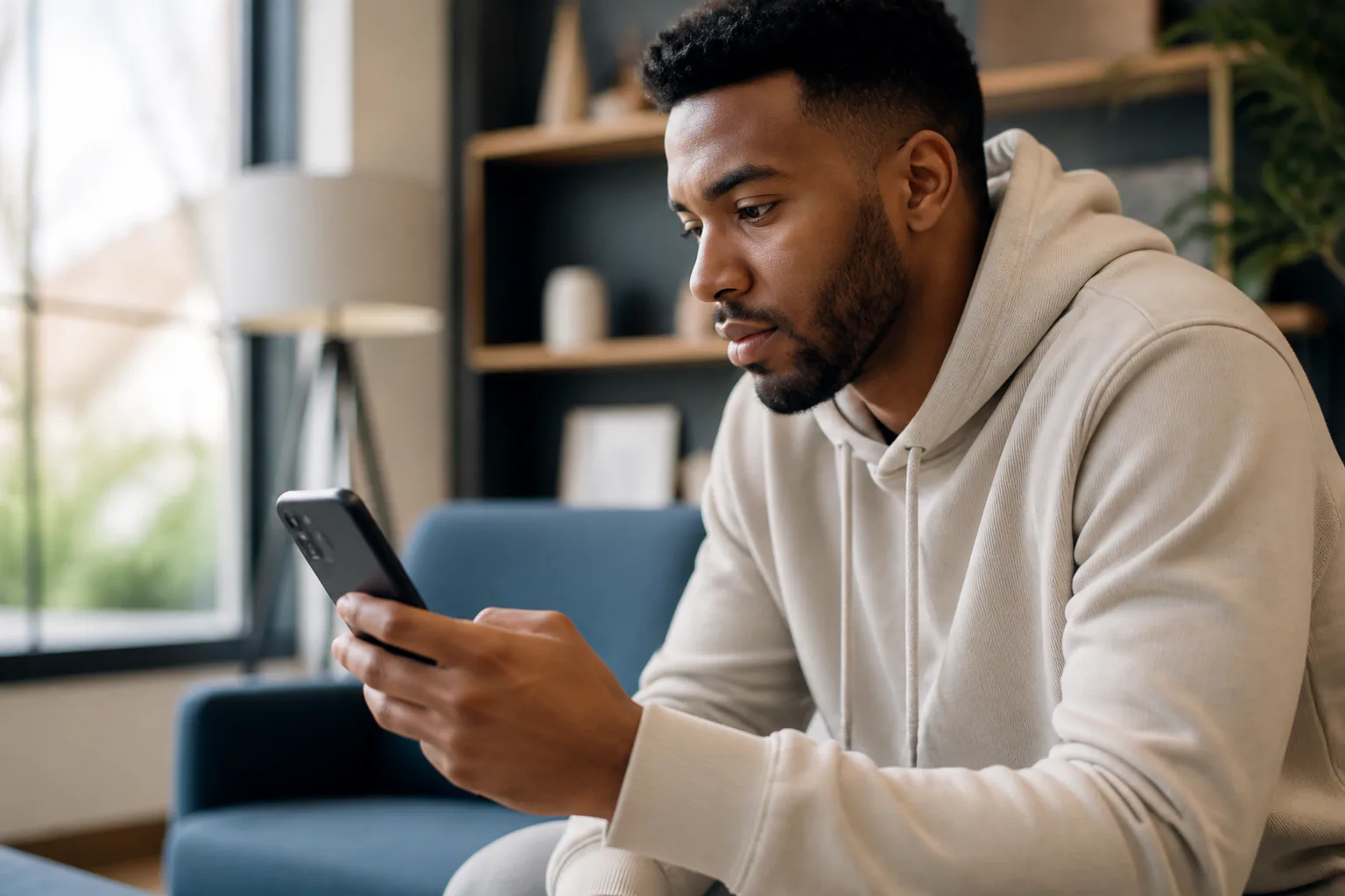 Man using phone on couch