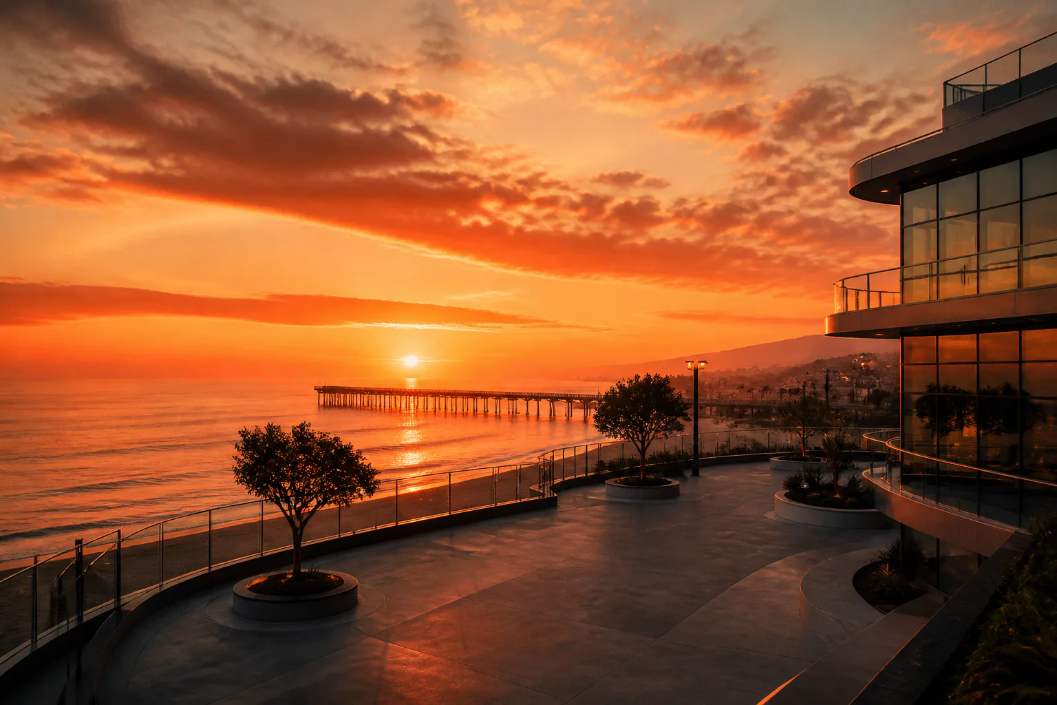 Sunset over ocean by modern building