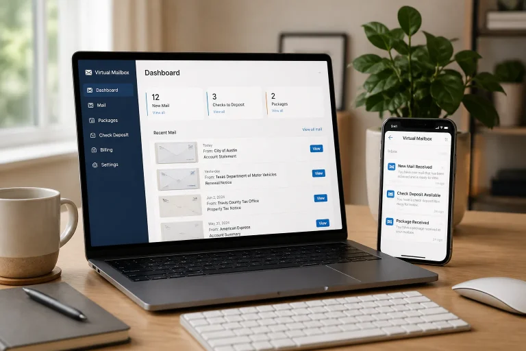 Laptop and phone showing virtual mailbox