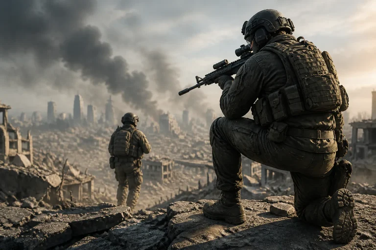 Soldiers overlooking a ruined city