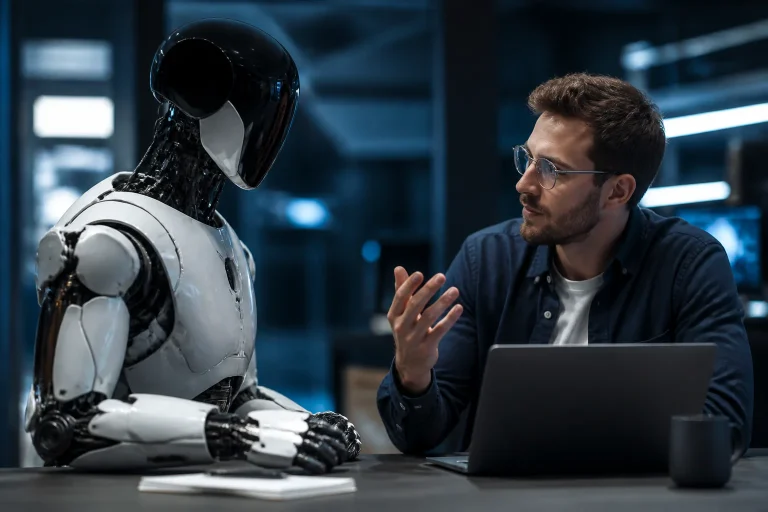 Man talking with humanoid robot