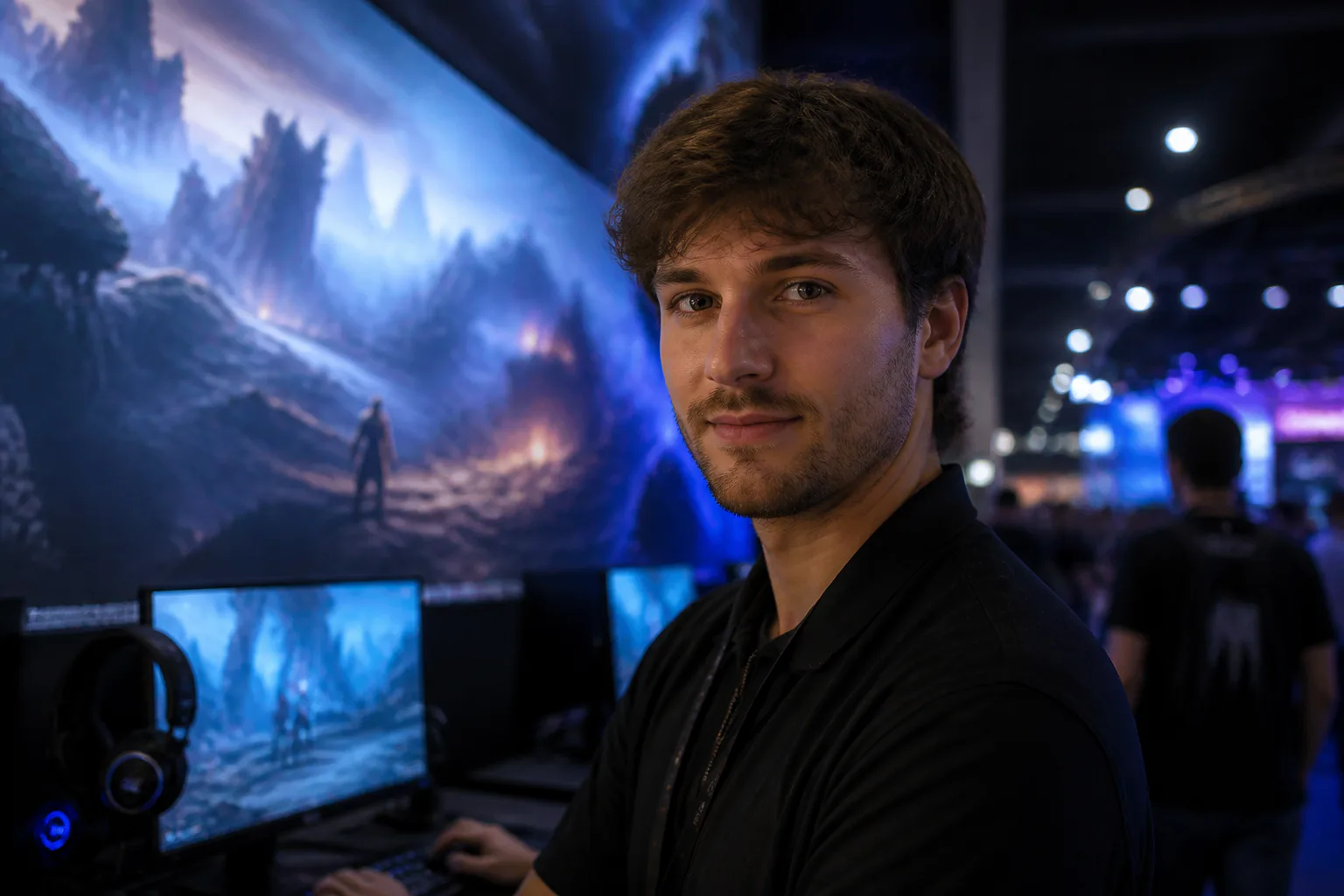 Man at gaming booth with monitors