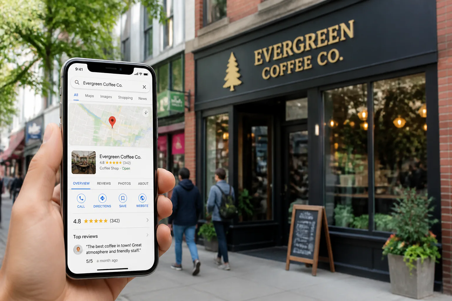 Phone showing coffee shop map listing