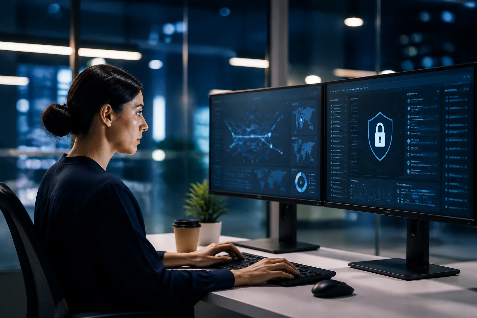 Woman monitoring cybersecurity dashboards