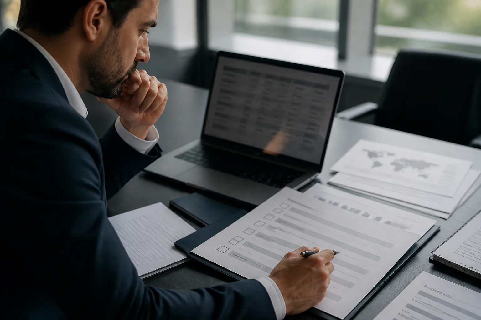 Man reviewing documents at laptop