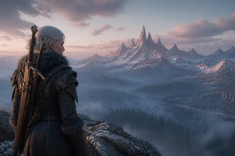 Warrior overlooking snowy mountains