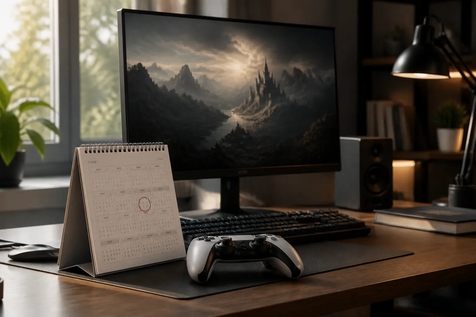 Desk with monitor, calendar, and game controller
