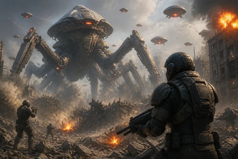 Sci-fi battle with giant robot