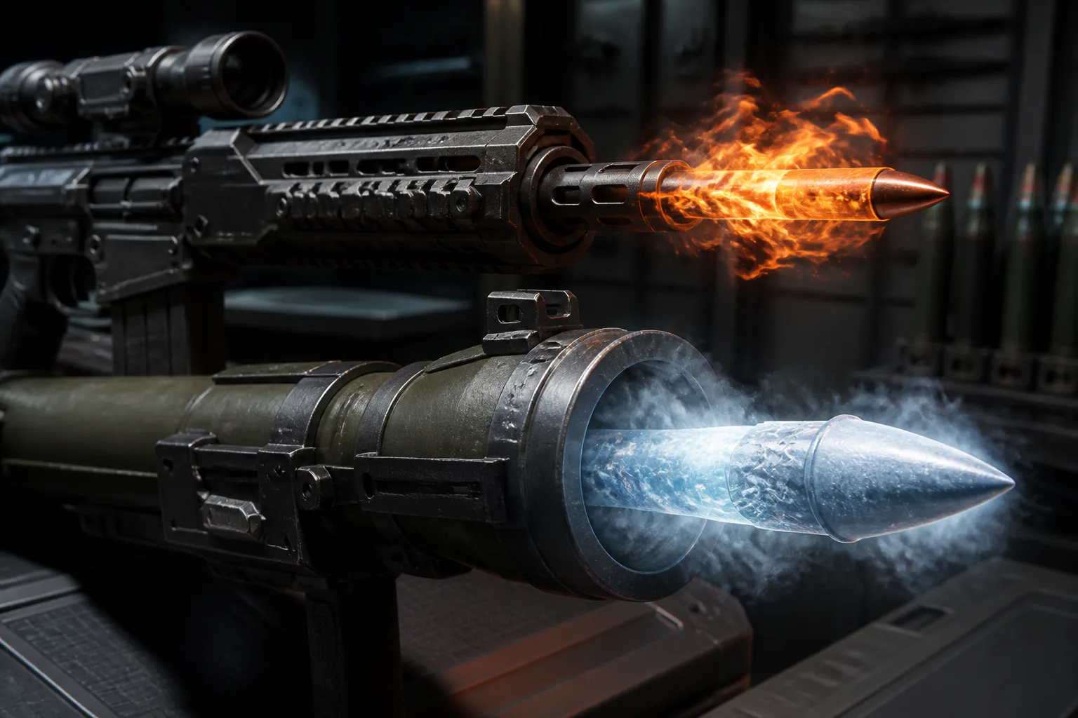 Sci-fi guns firing glowing rounds