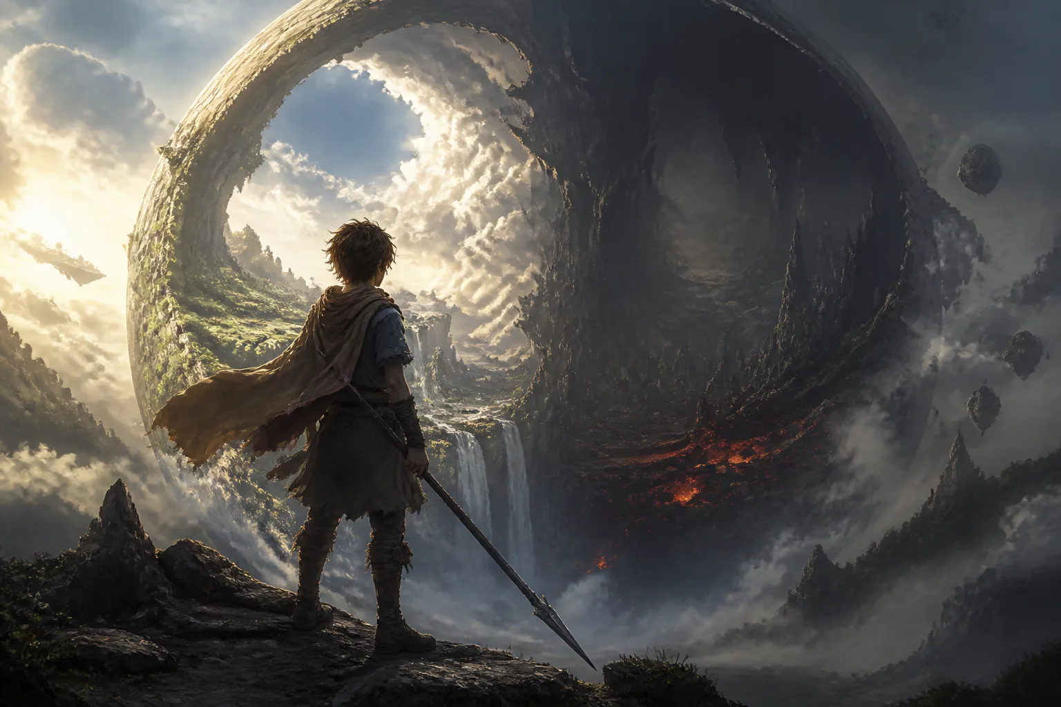 Fantasy warrior facing giant portal