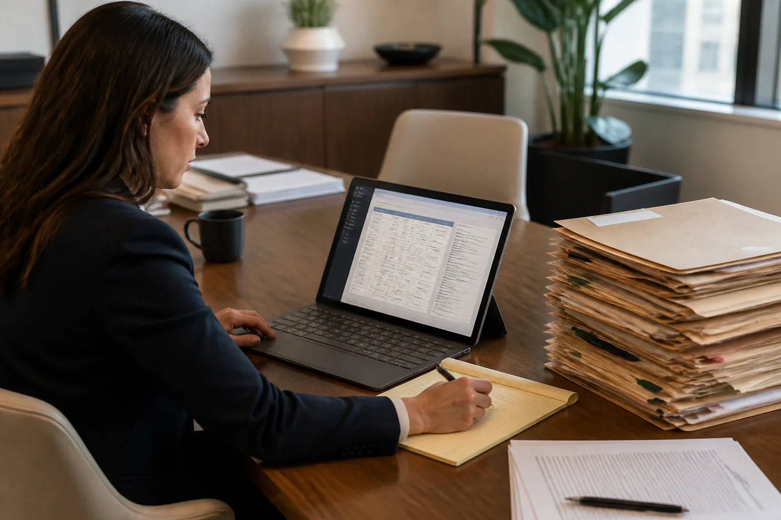 Woman reviewing files on laptop