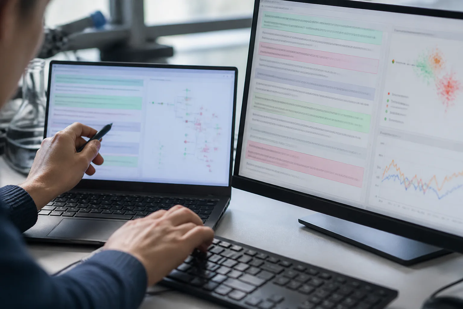 Person reviewing text on dual monitors