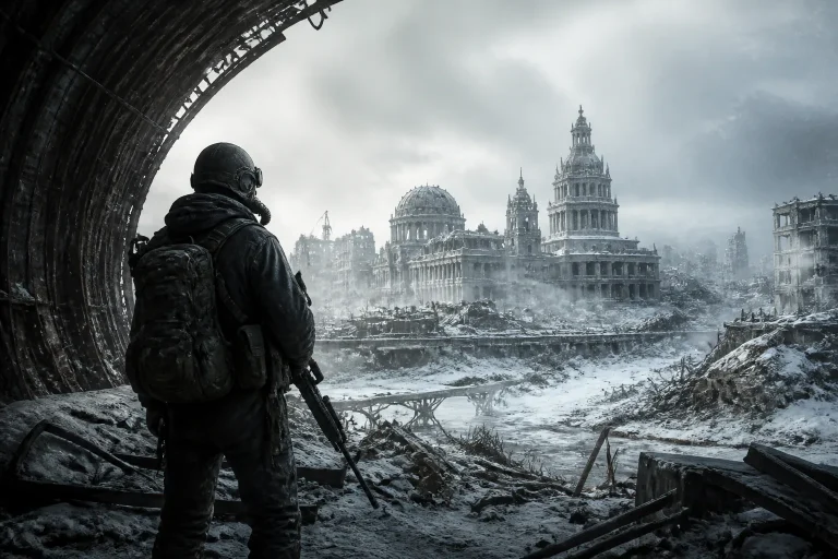 Soldier overlooking ruined snowy city