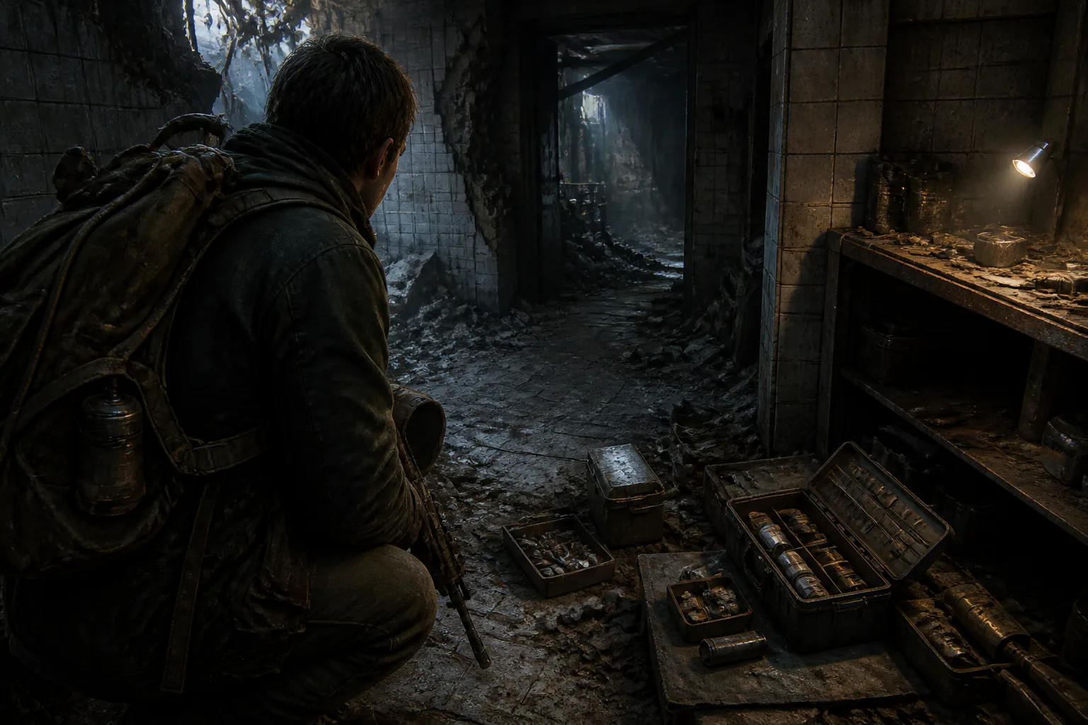 Man with backpack in ruined hallway