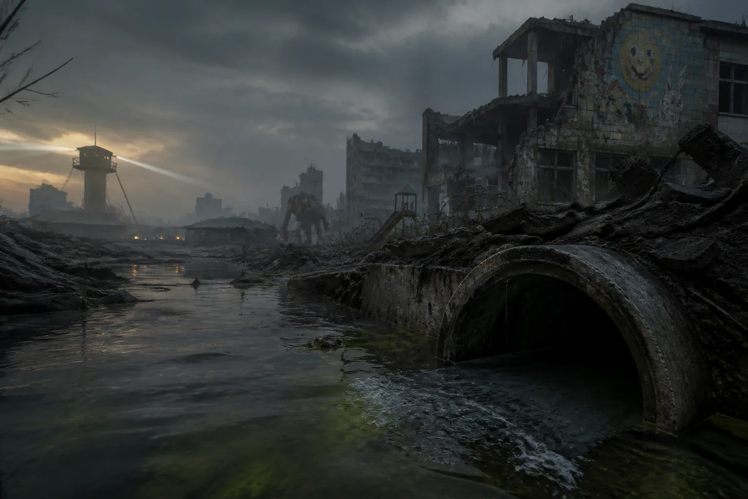 Ruined cityscape with flooded canal