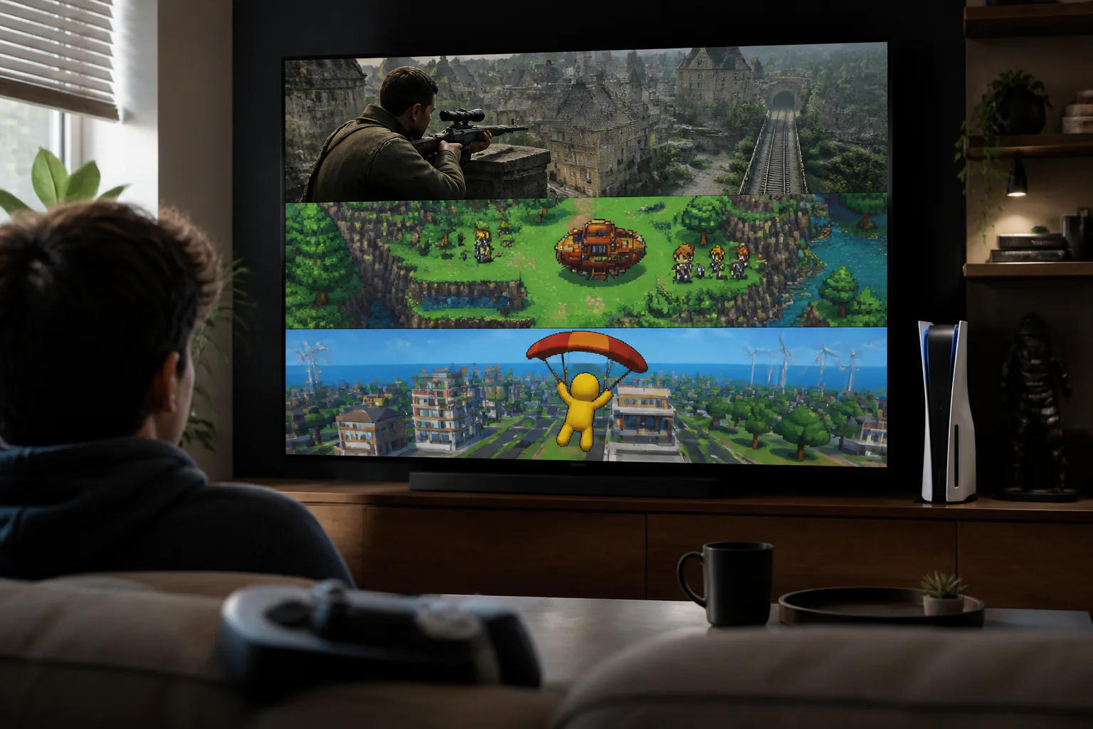 Person watching game scenes on TV
