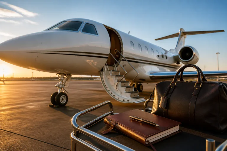 Private jet with luggage on tarmac