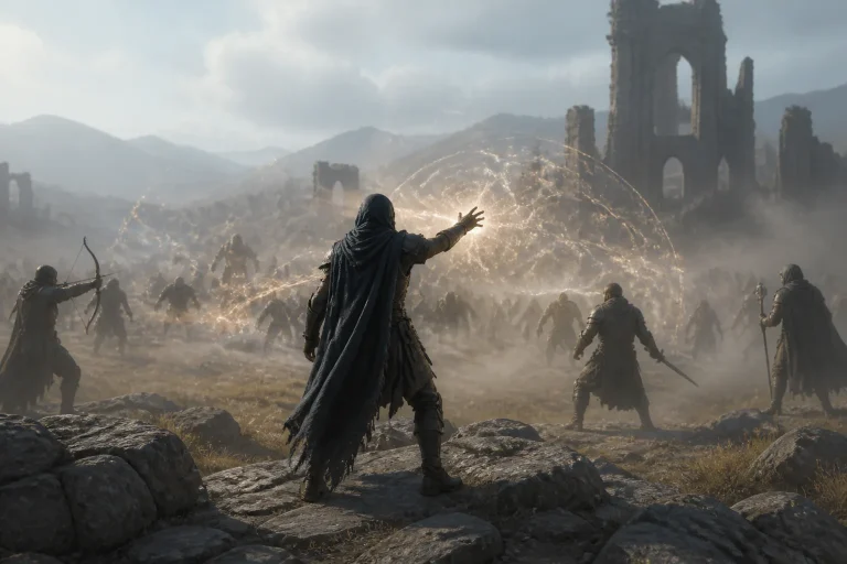 Fantasy battle with a cloaked mage
