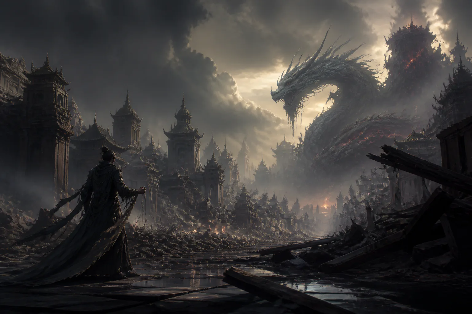 Fantasy city with giant dragon