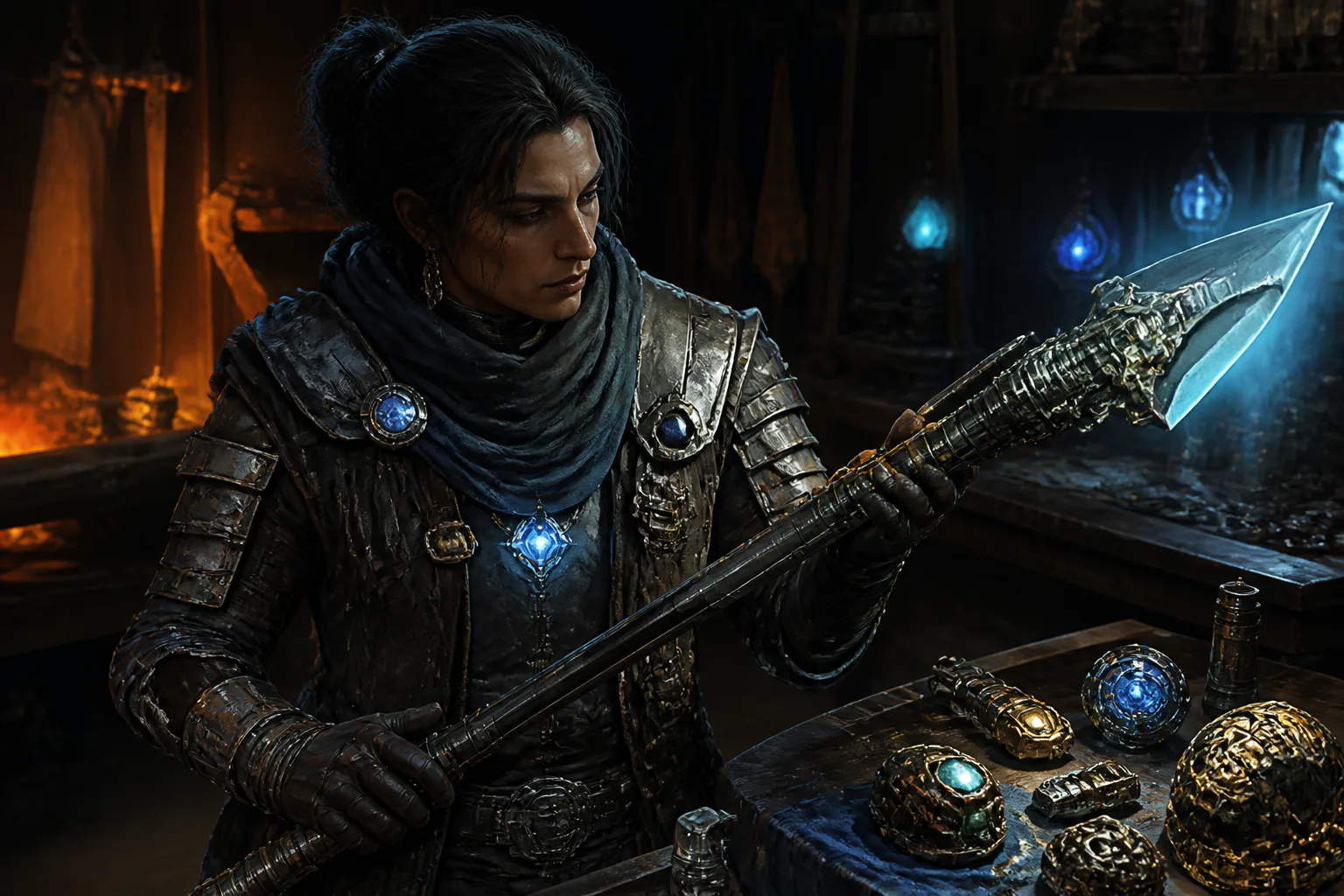 Armored mage inspecting a glowing spear