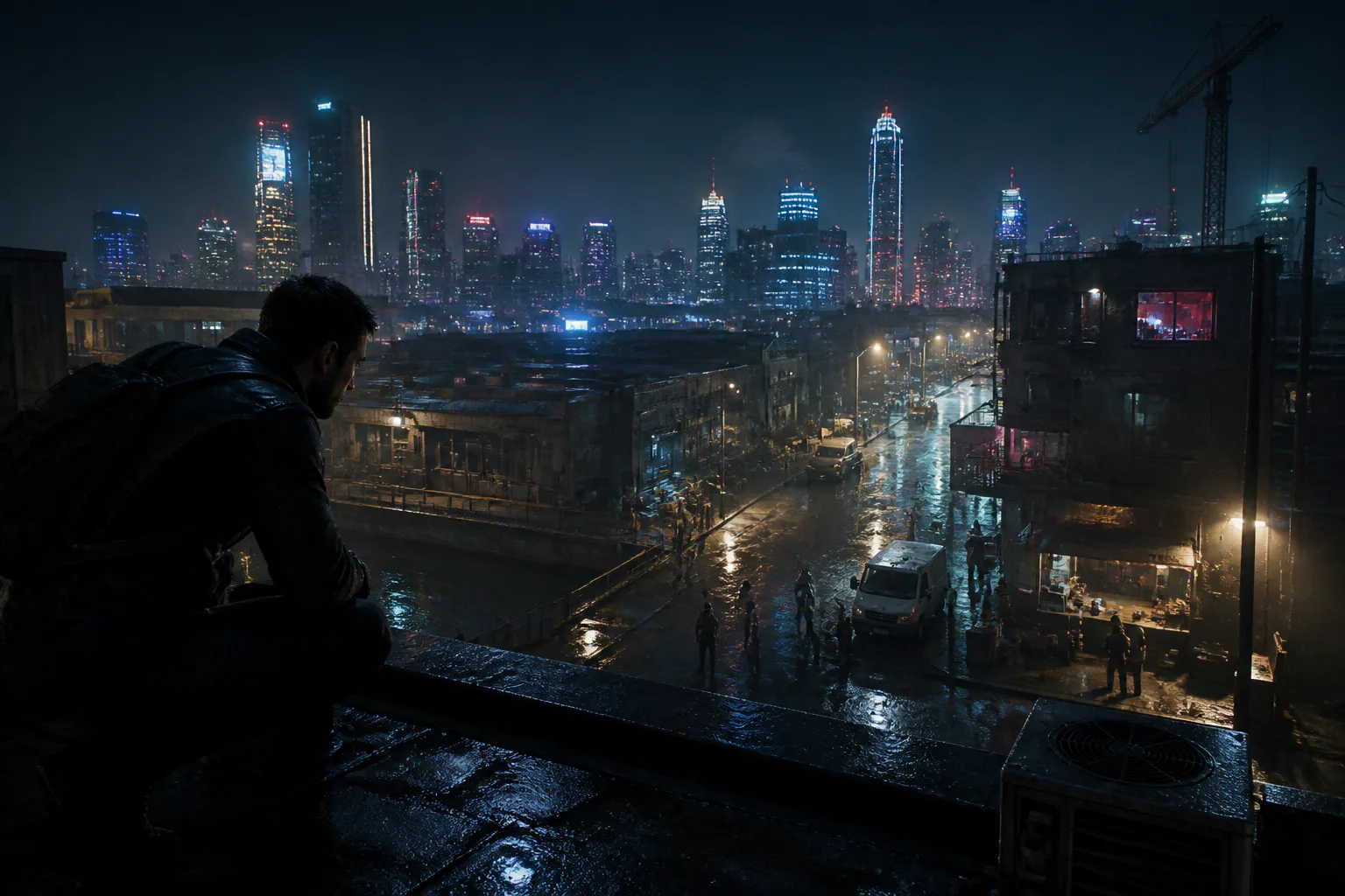 Man overlooking rainy city skyline