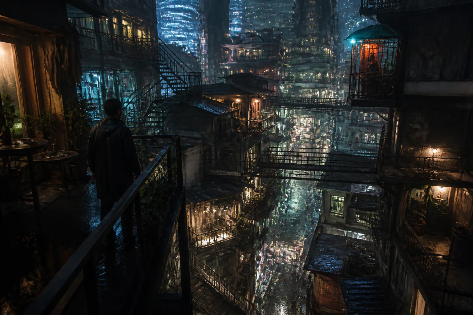 Rainy neon city alley at night