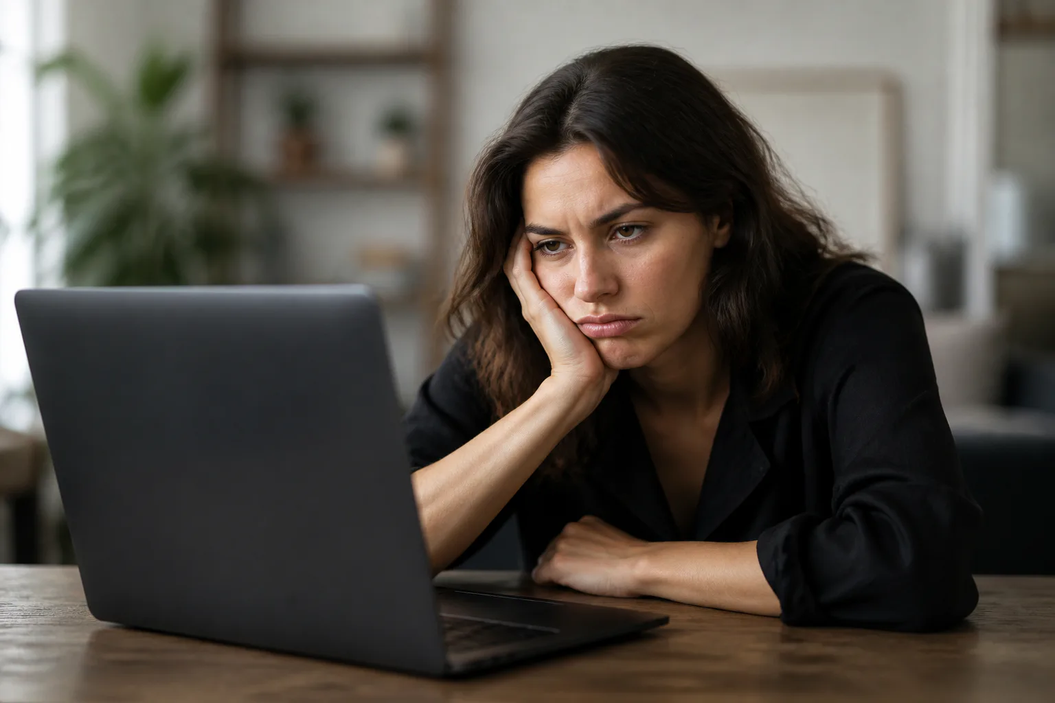 Frustrated woman looking at laptop
