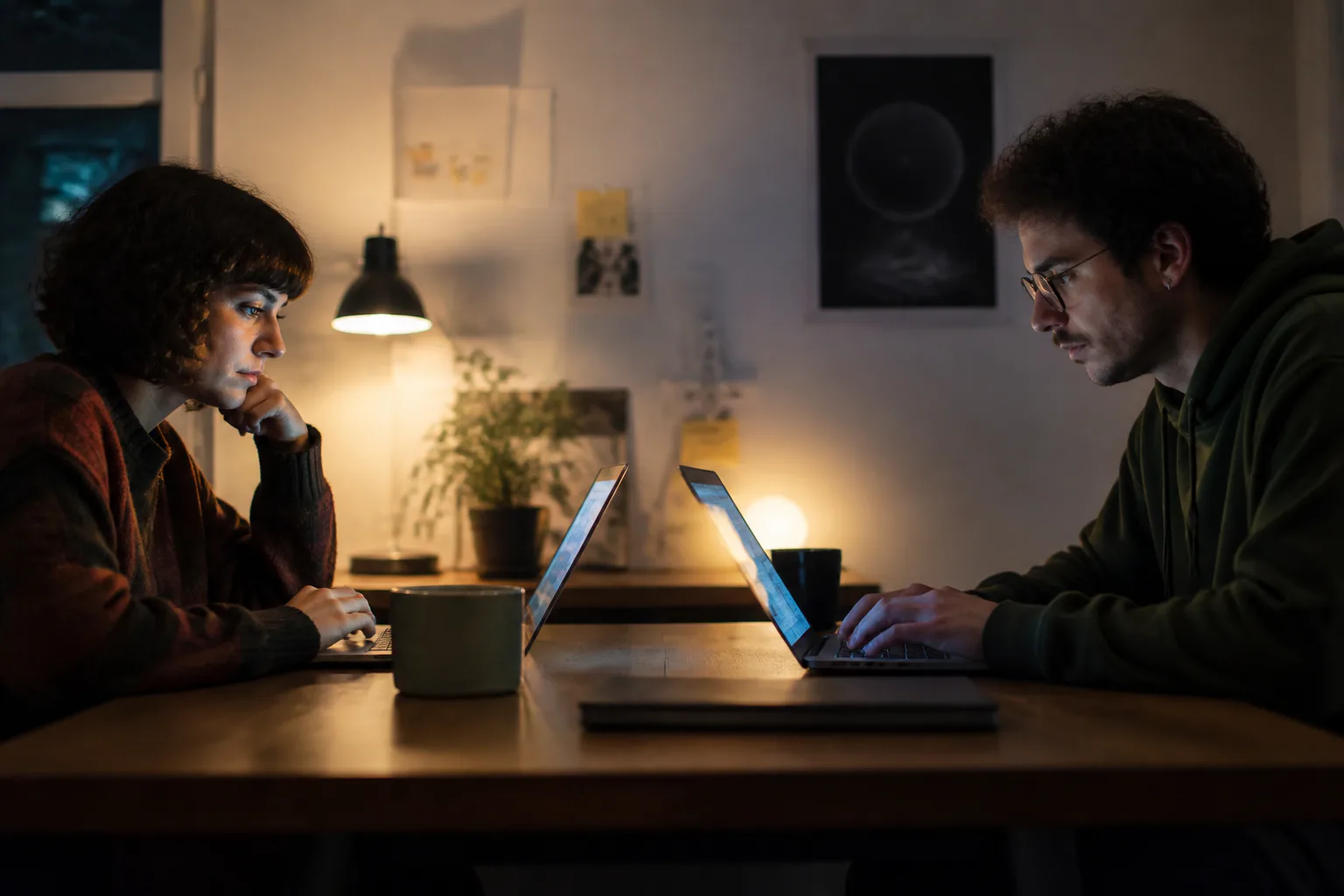 Two people working on laptops at a table
