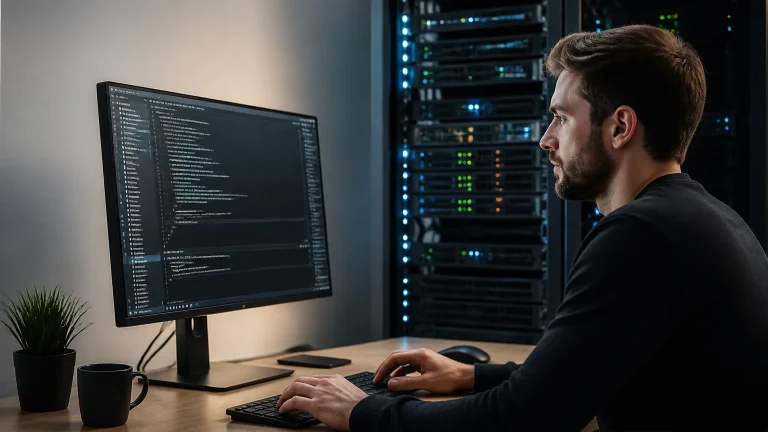 Developer working at a computer beside servers