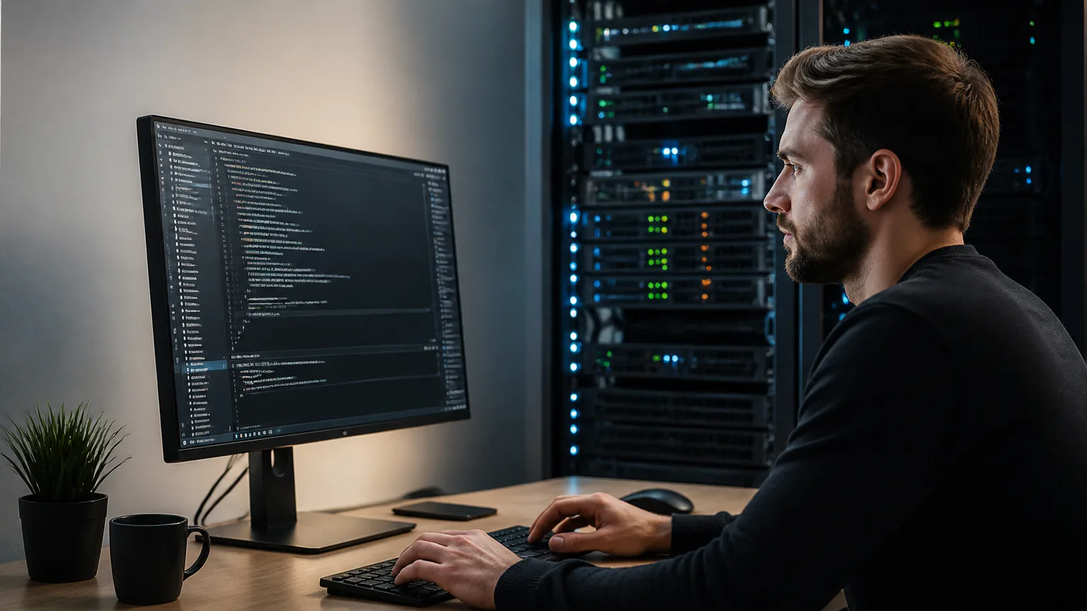 Developer working at a computer beside servers