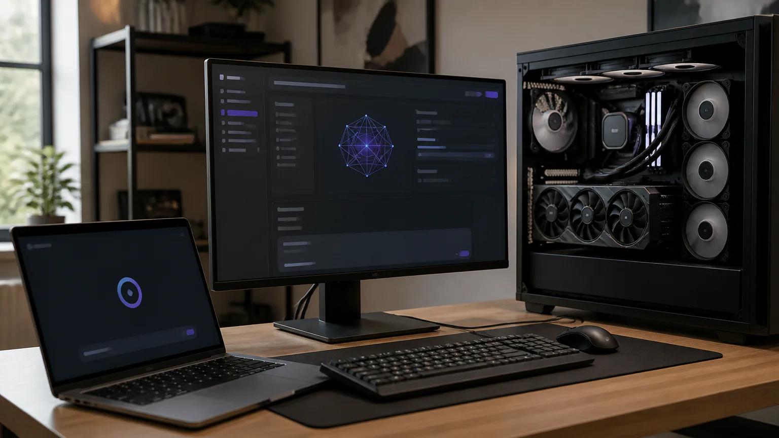 Desktop computer setup with monitor and laptop
