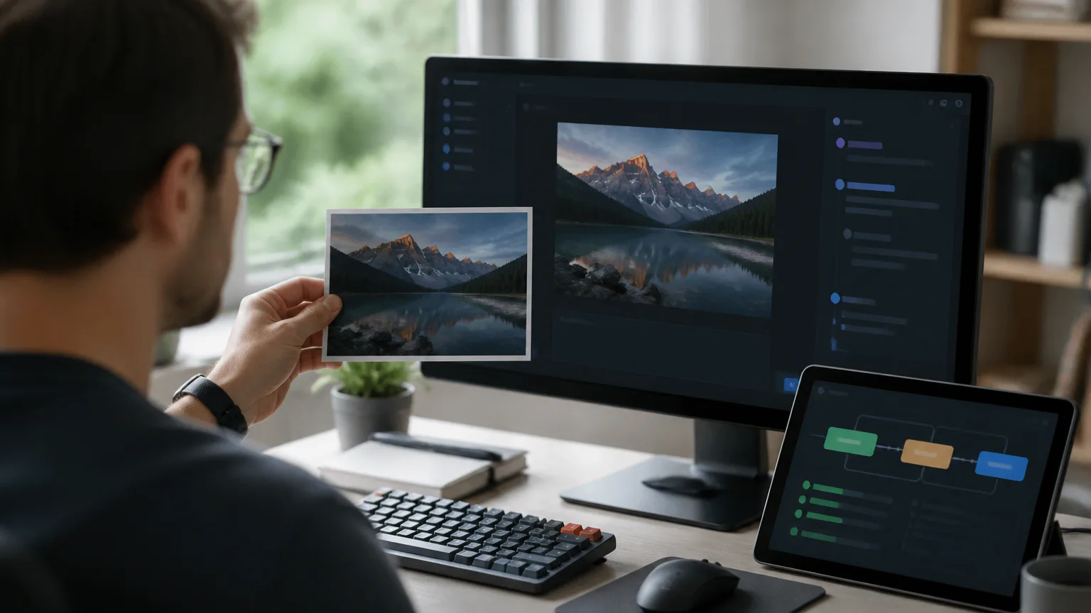 Designer compares printed photo with monitor