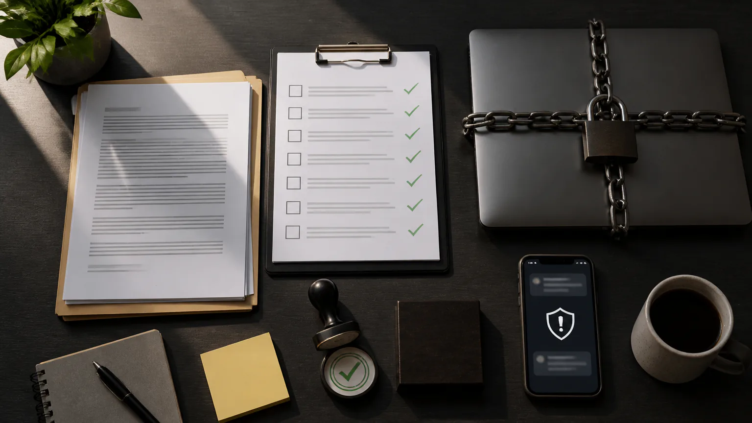 Desk with checklist, padlock, and security phone