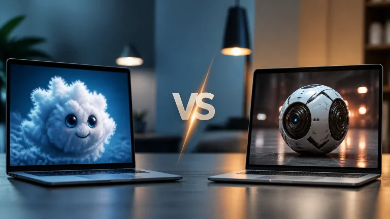 Two laptops displaying contrasting AI images