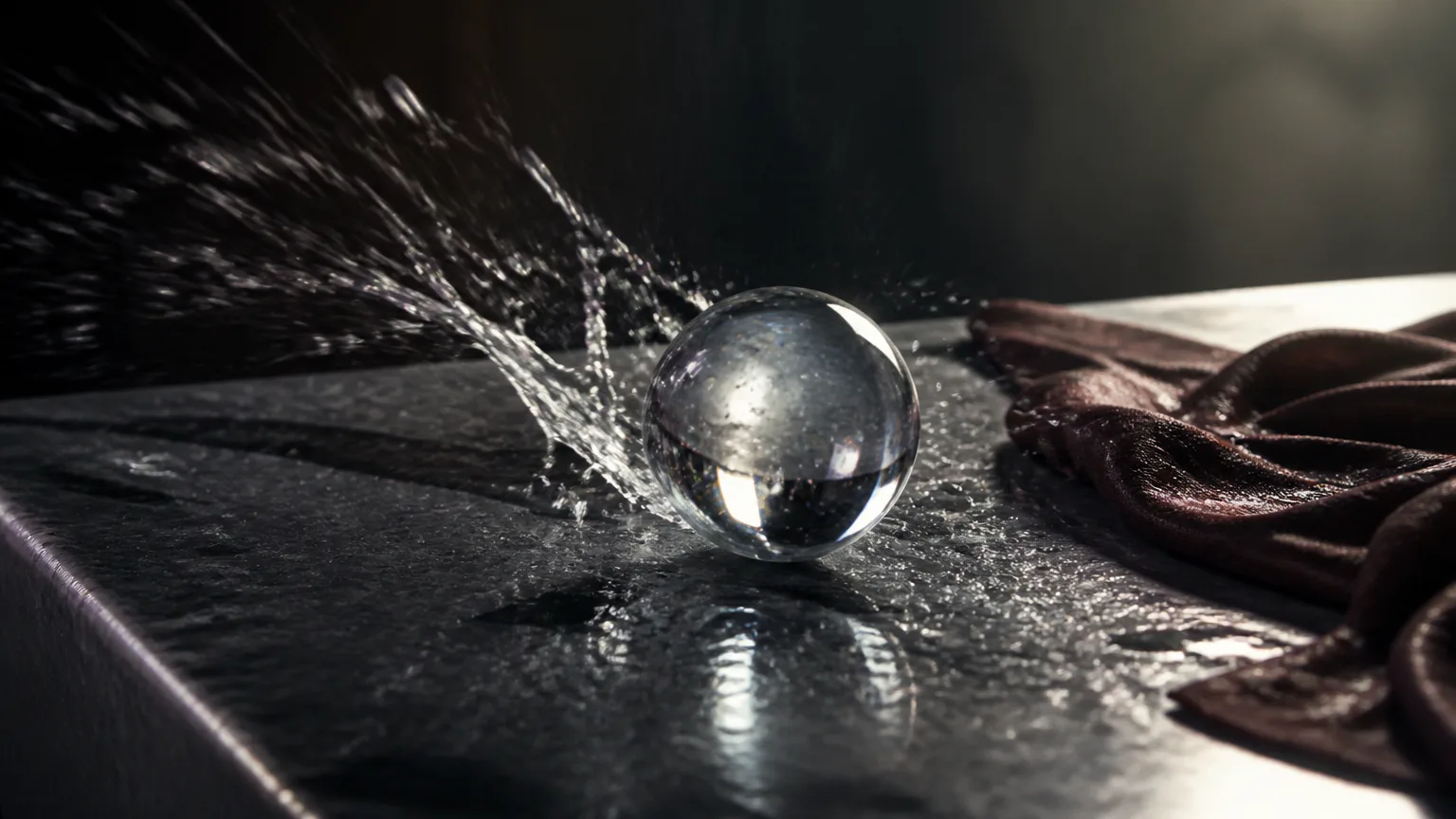 Glass sphere splashing on a dark surface
