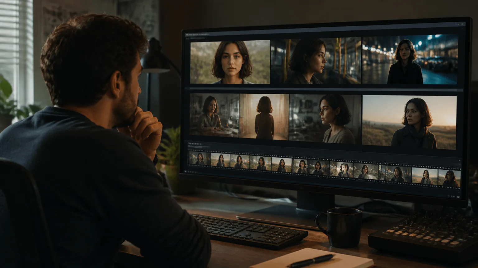 Video editor reviewing film scenes on monitor