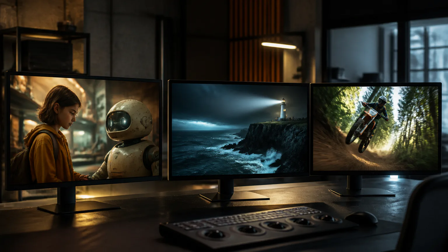 Three monitors displaying cinematic scenes