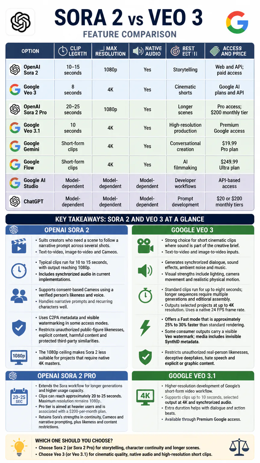 Sora 2 and Veo 3 feature comparison infographic
