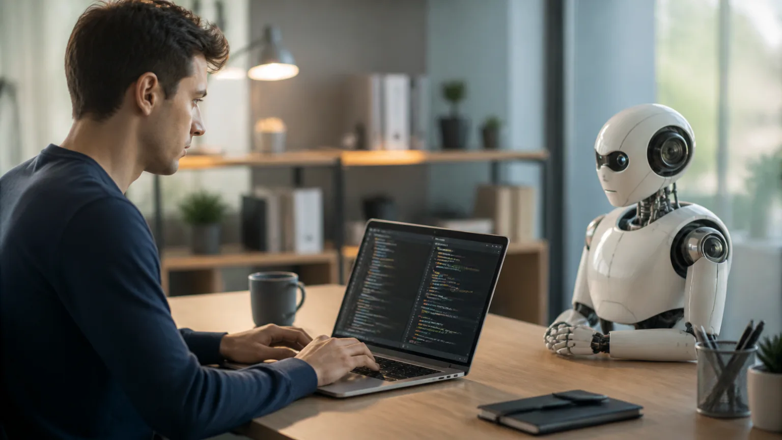 Developer coding beside a humanoid robot