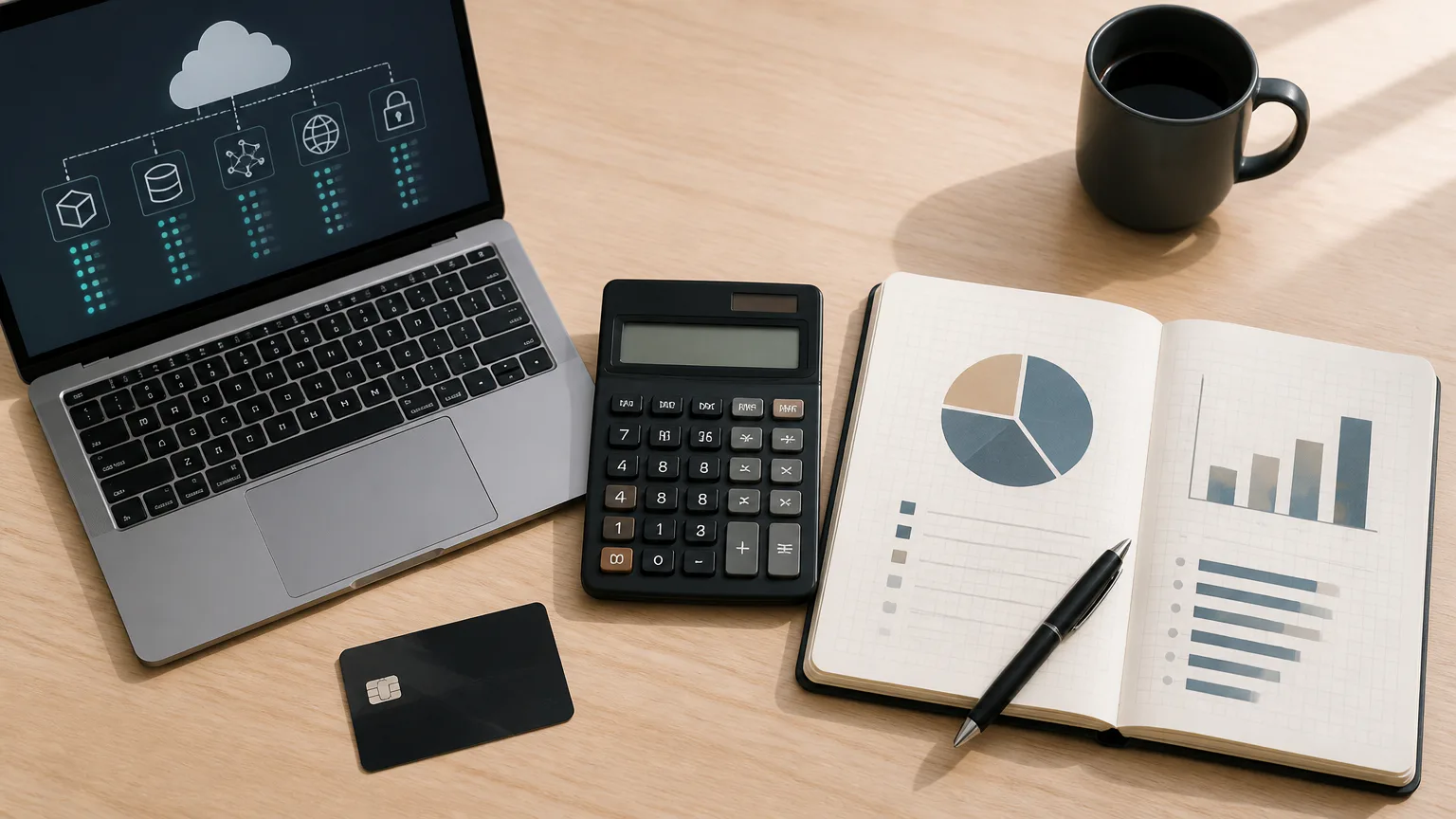 Laptop, calculator, charts, and notebook on desk