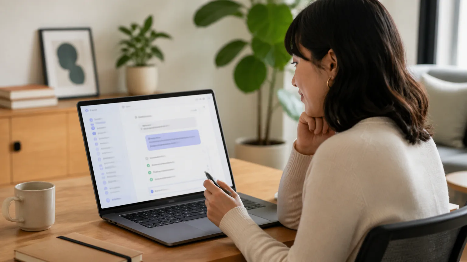 Woman reviewing content on a laptop