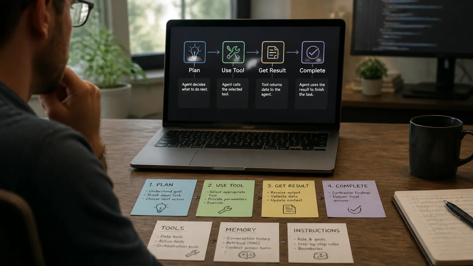 Person studying an AI workflow diagram on a laptop