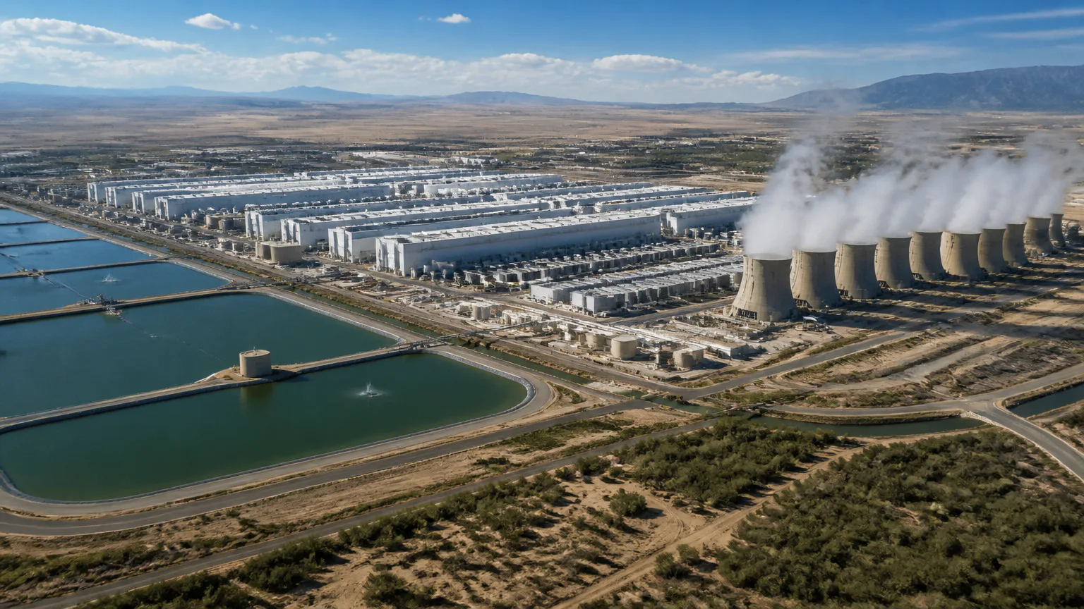 much water Aerial view of an industrial power facility