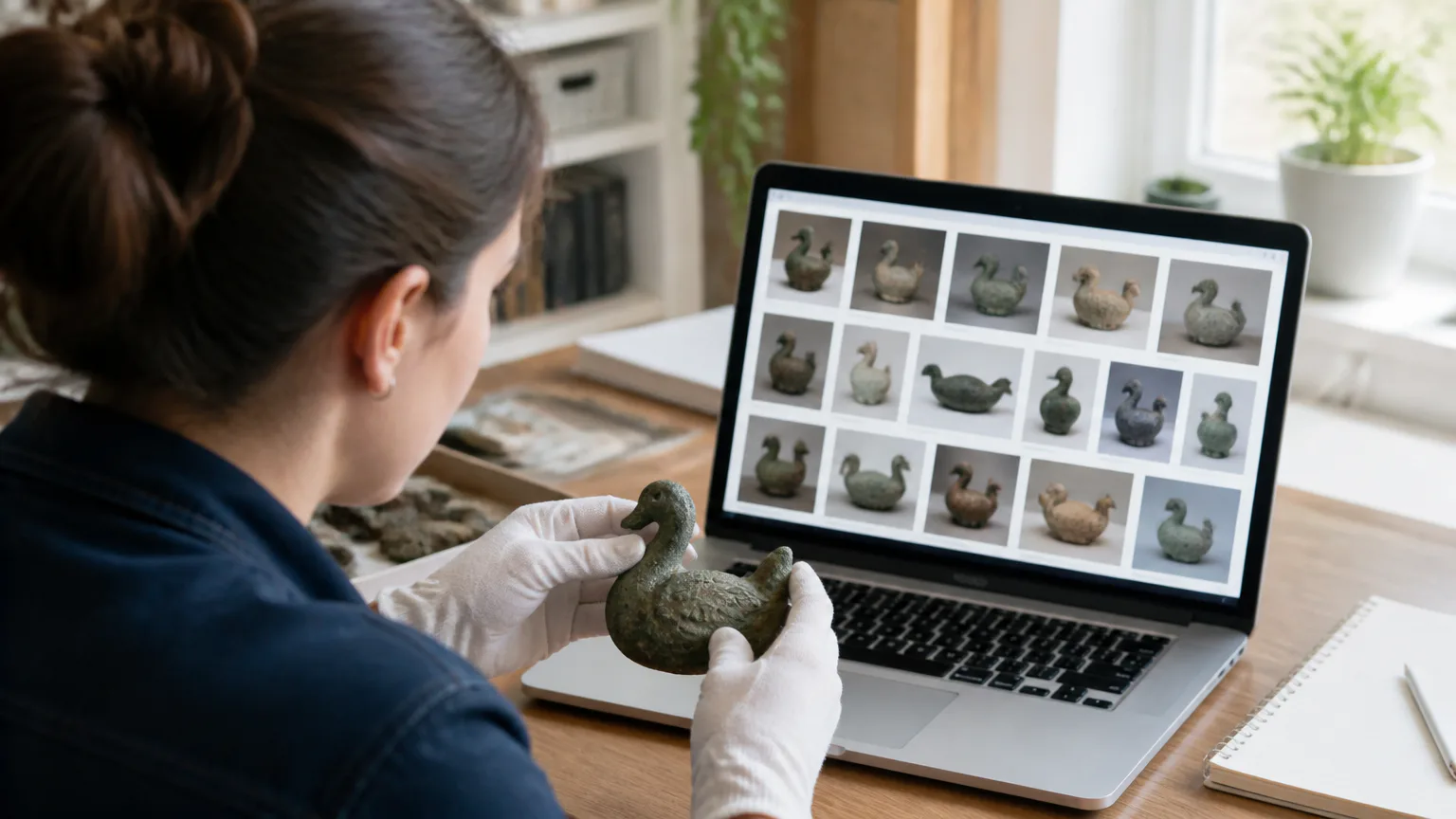 Conservator compares a duck artifact with laptop images