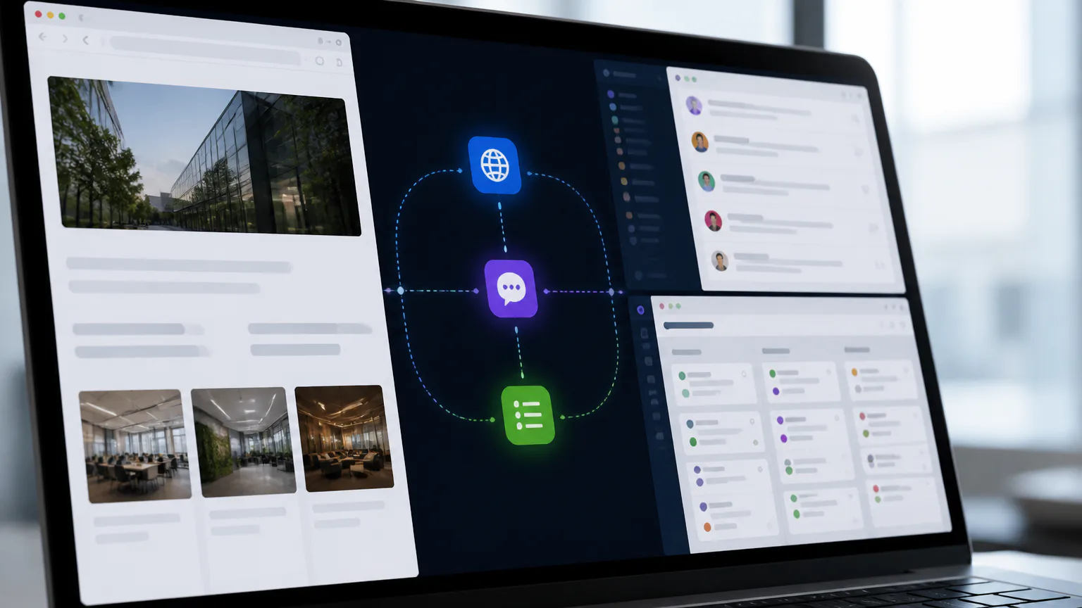 Dots AI Laptop displaying connected web and team apps