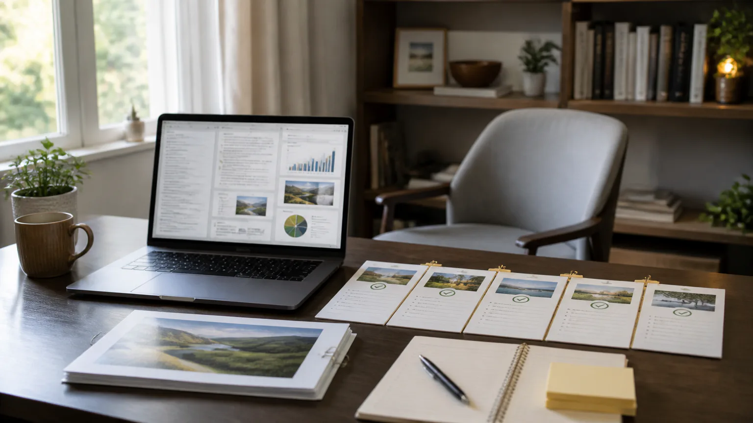 Dots AI Laptop and planning papers on a home office desk