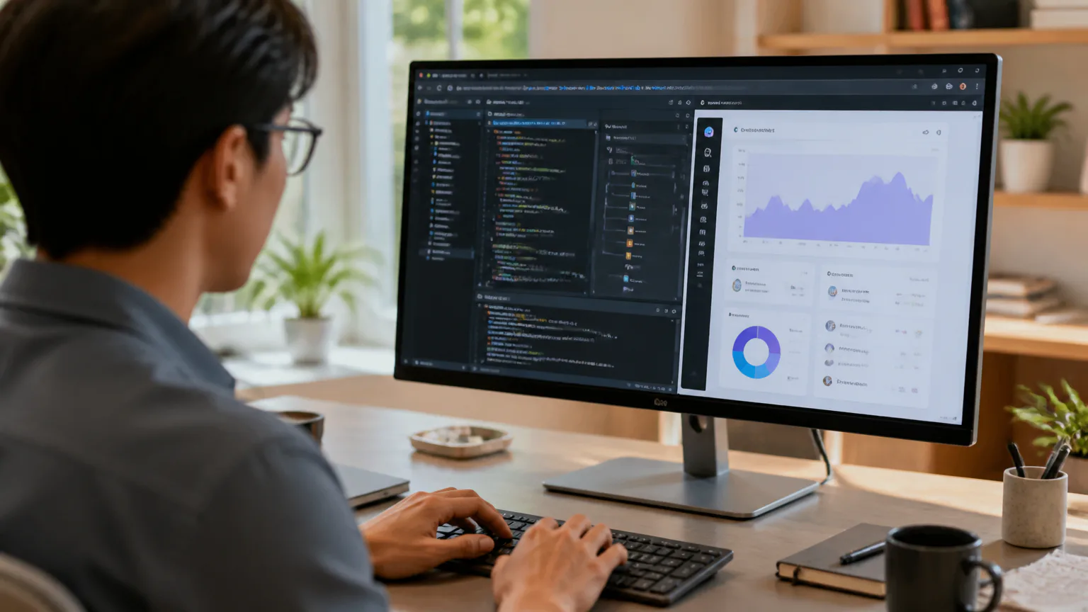 Grok 4.6 Developer viewing code and analytics dashboard