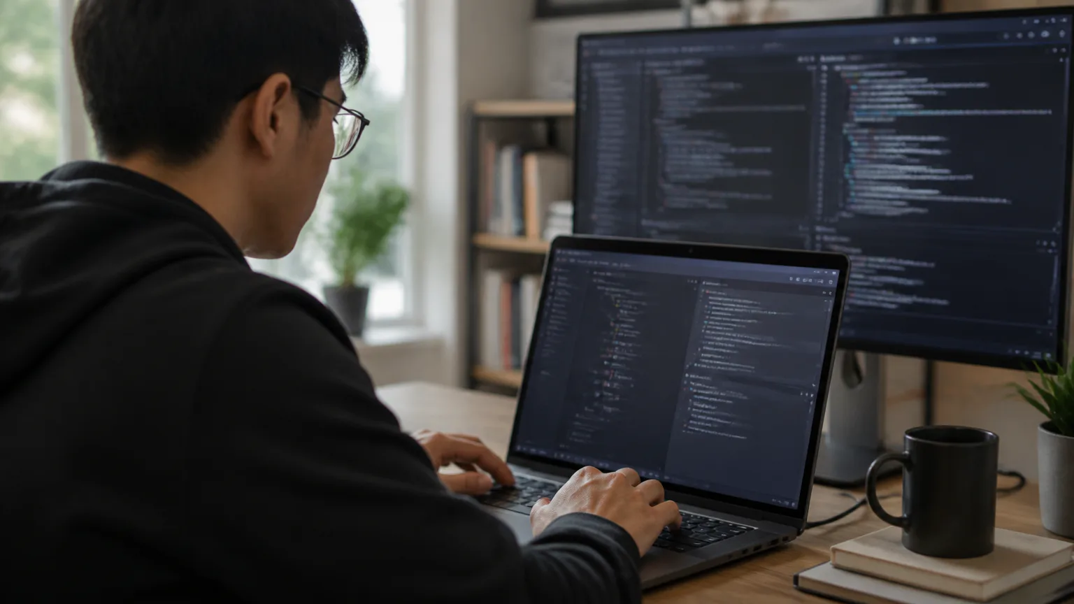 claude code Developer coding at a laptop and monitor